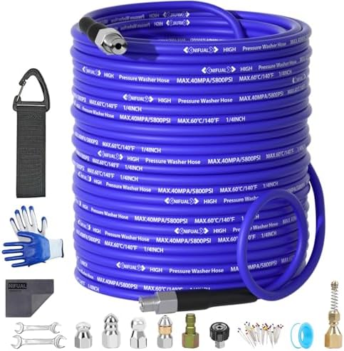 NIFUAL 200FT Sewer Jetter Kit for Pressure Washer, 5800PSI Drain Cleaner Hose 1/4 Inch NPT Corner, Rotating and Button Hose Sewer Jetting Nozzle Waterproof Tape Pearl Corsage Pin Spanner Glove by PressureWasherAccessories