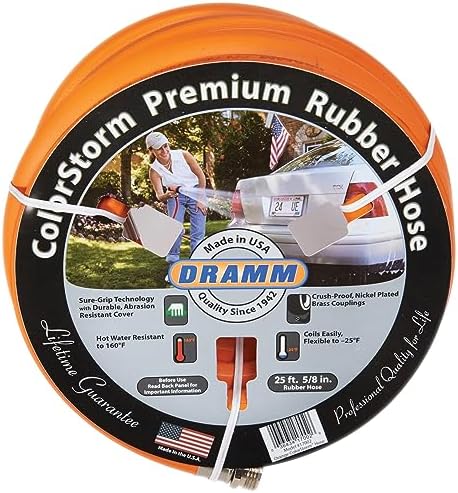Dramm ColorStorm Premium Rubber Garden Hose – 50 ft Heavy Duty 5/8" Water Hose – Kink Resistant, Crush-Proof Nickel-Plated Couplings – Made in USA - Orange by DRAMM