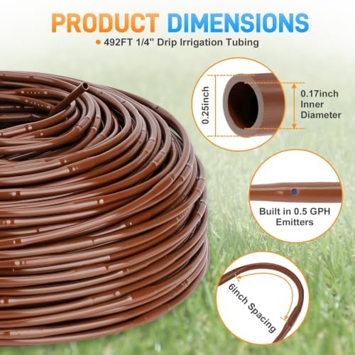 492FT 1/4" Drip Irrigation Tubing with 6" Emitter Spacing, Hydroponics Dripline Hose with Built-in 0.5 GPH Dripper Drip Irrigation Systems for Gardens Greenhouse Bed Flower Watering, Brown - Image 2