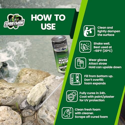 Sprayman Black Waterfall Foam Sealant - (24x12oz) Expanding Polyurethane Pond Foam Sealer, UV Resistant, Water Proof Spray for Landscape & Exterior, Straw Use, 24 Pack - Image 3