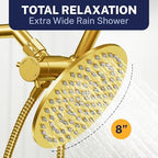 HammerHead Showers® Solid Metal Dual Shower Head Combo – BRUSHED GOLD – 8 Inch Rainfall High Flow Shower Head & Handheld Shower Head High Pressure with Hose 6ft - Hotel-Like Double Shower Heads - Image 5