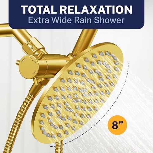 HammerHead Showers® Solid Metal Dual Shower Head Combo – BRUSHED GOLD – 8 Inch Rainfall High Flow Shower Head & Handheld Shower Head High Pressure with Hose 6ft - Hotel-Like Double Shower Heads - Image 5