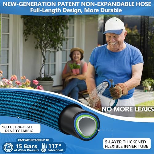100FT Garden Hose, Lightweight Flexible Water Hose, 5/8" Kink Free Leak Proof Hose, Heavy Duty 96-Layer Woven with 3/4" Brass Fittings, 10 Function Nozzle for Yard Lawn Outdoor Car Wash(BlueBlack) - Image 4