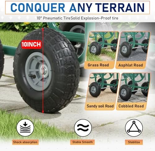 FDW Garden Hose Reel Cart, Water Hose Cart with 4 Wheels, Hold Up to 300 ft of 5/8’’ Hose，Heavy Duty Powder-Coated Steel Planting with Storage Basket, for Garden, Yard and Lawn - Image 3