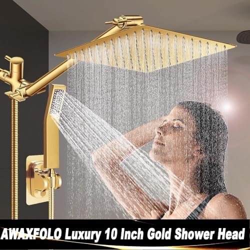 10'' Square Rain Shower Heads with Handheld, High Pressure Shower Head Combo with 11'' Adjustable Extension Arm, All Metal Shower Wand with 78'' Anti-Leak Shower Hose, 3 Way Diverter Valve, Gold - Image 3