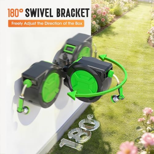 Retractable Garden Hose Reel 1/2" x 100ft, Wall Mounted Water Hose Reel with Auto Rewind, Any Length Lock, 180° Swivel Bracket & 9-Pattern Spray Nozzle, Heavy Duty Outdoor Hose Storage for Garden - Image 4