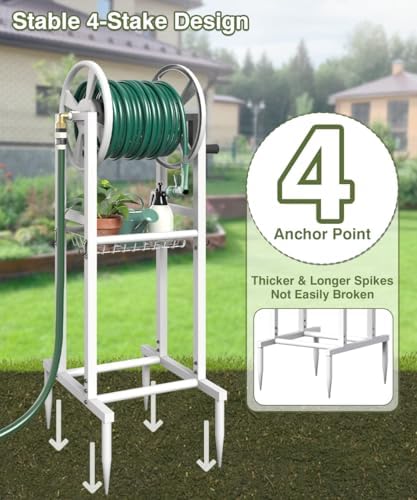 Freestanding Garden Hose Reel holds 125ft Hose of 5/8" with 4 Hooks, 4-Spike Outdoor Hose Holder with 3.9ft Leader Hose & Brass Fitting, Detachable Metal Hose Stand with Storage Rack, White - Image 3