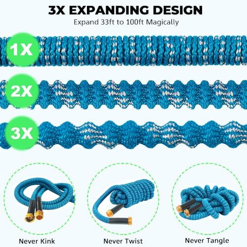 Expandable Garden Hose 100 ft with 10 Function Spray Nozzle, Flexible, Kink Free, Leak-Proof, Ultra Lightweight Retractable Stretch Water Hose 100ft for Yard, Lawn, Car Wash and Outdoor, Blue White - Image 2