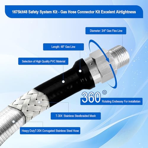1675KIT48 Safety System Kit, 48" Commercial Gas Hose Connector Kit with 3/4" Quick Disconnect,Gas Line Hose for Kitchen Equipment Commercial Standard Gas Connector,Full Port Valve,Restraining Devices. - Image 4