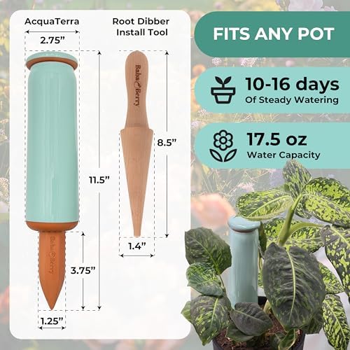 Terracotta Watering Spikes 2 Pack 17.5oz Capacity Plant Watering Devices Self Watering Spikes Large Plant Watering Globes Self Watering Planter Insert AcquaTerra with Root Dibber Installer - Image 4