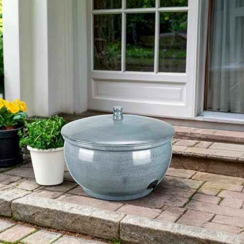 Monarch Abode Garden Hose Holder with Lid – Decorative Water Hose Holders for Outside, Smooth Metal Patina Pot with Drainage, 100ft Waterhose Holder for Outside, Garden Storage Caddy - Image 2