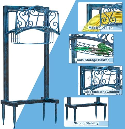 Garden Hose Holder for Outside - Upgraded Water Hose Holder Holds with Storage Basket, Heavy Duty Metal Freestanding Garden Hose Storage Reel Rack for Outdoor Yard Lawn (Blue) - Image 2