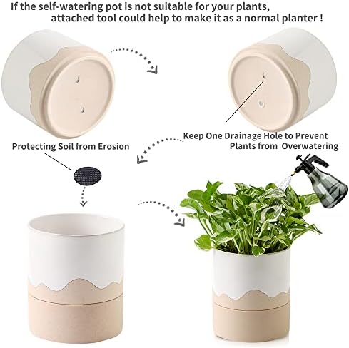 Nihow Ceramic Self Watering Plant Pot for Indoor Plants, 6 Inch,Cream White - Image 4