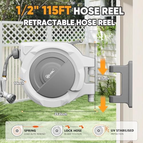 SILVEL Retractable Garden Hose Reel, 1/2 in x 115ft Wall Mount Heavy Duty Automatic Hose Reel with 10 Pattern Nozzle, Any Length Lock & Slow Return System, 180°Swivel Bracket Upgraded UV Resistant - Image 4