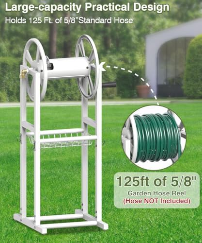 Freestanding Garden Hose Reel holds 125ft Hose of 5/8" with 4 Hooks, 4-Spike Outdoor Hose Holder with 3.9ft Leader Hose & Brass Fitting, Detachable Metal Hose Stand with Storage Rack, White - Image 2