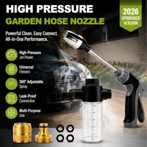 2026 upgraded high-pressure garden hose nozzle,universal water jet nozzle,360° rotating adjustable spray,with foam spray gun and brass connector,suitable for car wash and garden yard cleaning - Image 2
