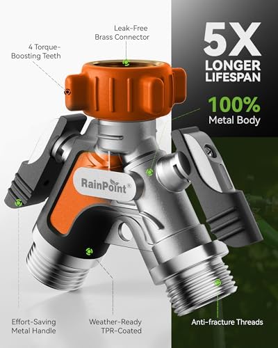 RAINPOINT Garden Hose Splitter 2 Way, All Metal Heavy Duty Water Hose Y Splitter With 2.05" Extra Long Side Handle & Shut Off Valves, 3/4 Inch GHT Thread Connector For Outdoor Spigot Faucet (Orange,2) - Image 3