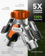 RAINPOINT Garden Hose Splitter 2 Way, All Metal Heavy Duty Water Hose Y Splitter With 2.05" Extra Long Side Handle & Shut Off Valves, 3/4 Inch GHT Thread Connector For Outdoor Spigot Faucet (Orange,2) - Image 3
