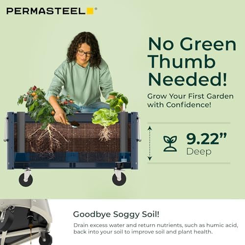 Permasteel Self-Watering Garden Bed, Rolling Planter for Vegetables, Flowers, Herbs, and Fruit, Outdoor Indoor, Caster Wheels, Blue - Image 4