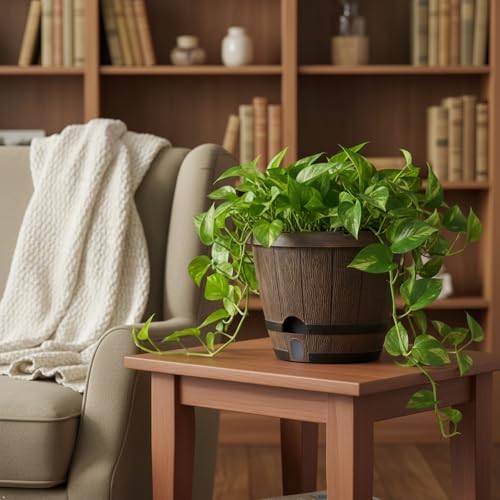 Sun-E 10" Self-Watering Whiskey Barrel Planter 3 Pack for Indoor Outdoor - Image 5
