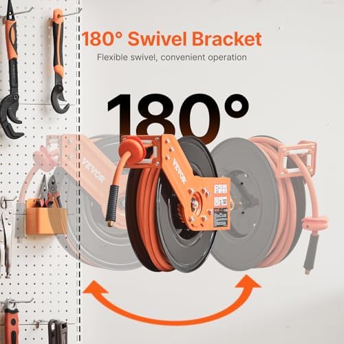 VEVOR Retractable Air Hose Reel, 3/8IN x 50FT Rubber Air Hose Max 300PSI, Air Compressor Hose Reel Auto-Rewind with 5FT Lead in, Ceiling/Wall Mount Heavy Duty Single Arm Reel & 180° Swivel Bracket - Image 6
