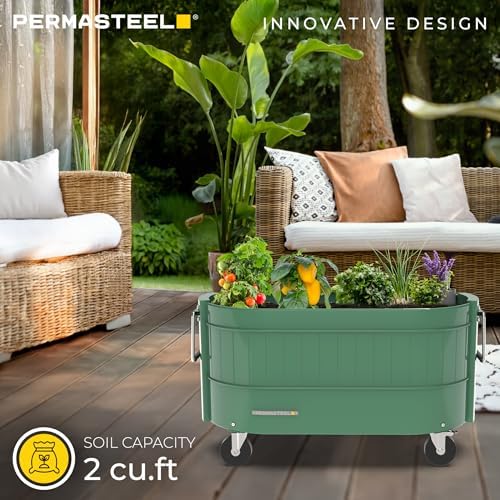 Permasteel Self-Watering Garden Bed, Rolling Planter for Vegetables, Flowers, Herbs, and Fruit, Outdoor Indoor, Caster Wheels, Sage - Image 2