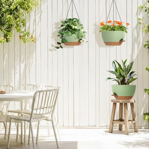 3 Pack 10 Hanging Flower Pots with Chains Self Watering Plastic Planters for Indoor Outdoor Plants, Sturdy Triangular Iron Chain Design for Garden PorchPlastic hanging flower pots (3, Green Brown) - Image 6