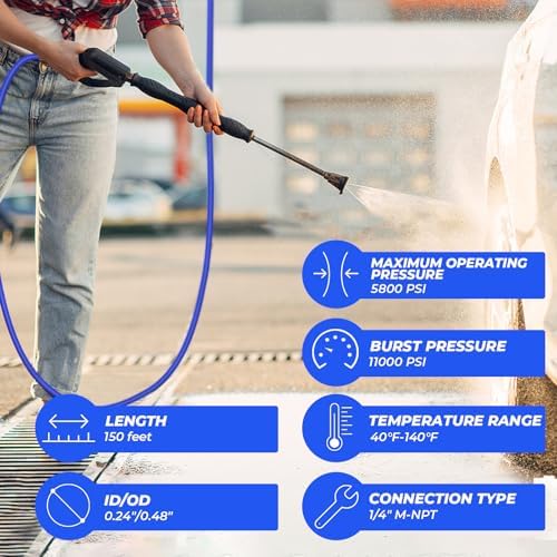 Sewer Jetter Kit for Pressure Washer, 150FT High Pressure Water Hose with 1/4 Inch NPT, 5800PSI Drain Cleaner Hose, Orifice 4.0, 4.5, 5.5 Button Nose and Rotating Sewer Jetting Nozzle - Image 2