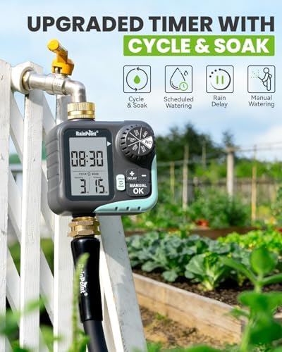 RAINPOINT Sprinkler Timer for Garden Hose - Hose Timer with Cycle & Soak/Rain Delay/Automatic Watering/Manual Watering, Programmable Irrigation System with Large Display, Brass Inlet & Outlet - Image 2