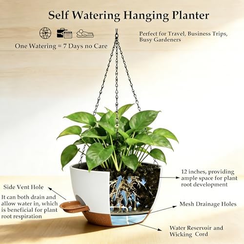 12 Inch Self Watering Hanging Planters 2 Pack, White Brown - Image 5