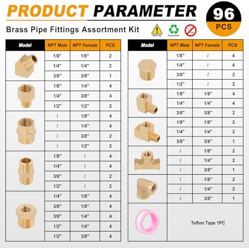 KOOTANS 96PCS Brass Pipe Fittings Assortment Kit - NPT Adapter, Reducer Bushing, Hex Nipple, Coupling, Head Plug, 45 & 90 Degree Barstock Street Elbow, Tee Fittings Kit - Image 3