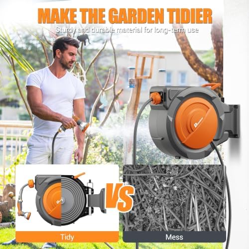 Retractable Garden Hose, 5/8" x 75 ft Wall Mounted Garden Hose Reel with 10-Pattern Hose Nozzle, Heavy Duty Water Hose Any Length Lock,Slow Return System,180°Swivel Bracket - Image 3