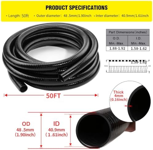Flexible PVC Pipe ID1.5" Black PVC Pipe,ID1.5" x50 feet Pool Hose,Spa Hose Tubing for Koi Ponds, Pond Tubing,Irrigation and Water Gardens,With 2PCS Stainless Steel Clamps - Image 2