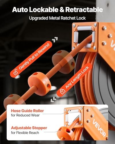 VEVOR Retractable Air Hose Reel, 3/8 Inch x 50 FT Hybrid Air Hose Max 300PSI, Auto Rewind Air-Compressor Hoses Reel with 5 ft Lead in, 180° Swivel Ceiling/Wall Mount for Garage Workshops - Image 3