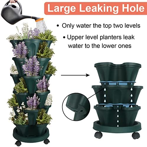 DUNCHATY Stackable Planter, Vertical Garden Planter with Wheels and Tools, Self Watering Strawberry Planter Indoor/Outdoor 3 Tier Herb Planter Pots for Growing Vegetables and Succulents,Pine Green - Image 4