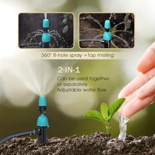 100PCS 2-In-1 Drip Irrigation Emitters with Stake for 1/4 inch Irrigation Tubing, Quick Connect 195mm Stake Sprinkler 8-Hole Watering Dripper＆Misting Nozzles Garden Watering System (100,2-In-1 Nozzle) - Image 2