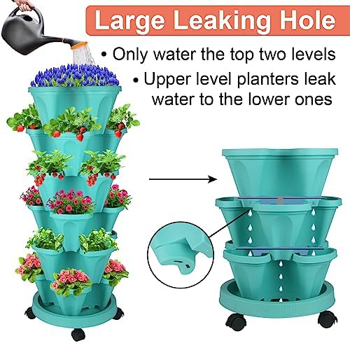 DUNCHATY Stackable Planter, Vertical Garden Planter with Wheels and Tools, Self Watering Strawberry Planter Indoor/Outdoor 3 Tier Herb Planter Pots for Growing Vegetables and Succulents, Teal - Image 4