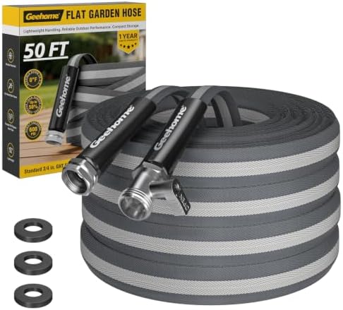 Lightweight Flat Garden Hose 50FT, Flexible Water Hose with Shutoff Valve, TPE Inner Tube, 3/4" Metal Fittings, Practical Dark Finish for Garden, Yard and Outdoor Cleaning by Unknown