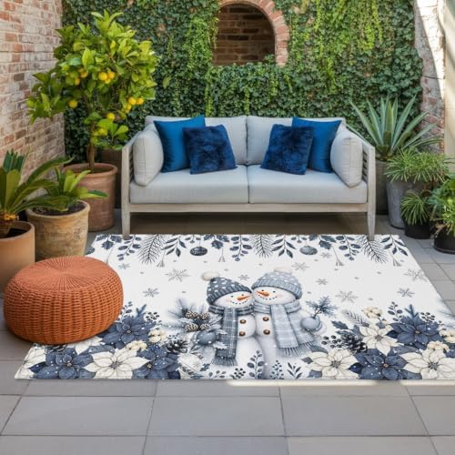 Christmas Floral 3x5 Waterproof Outdoor Rug with Non‑Slip Backing Country Blue White Poinsettia Snowmen Couple Machine Washable Deck Patio Rug Mat for Camping, RV, Garden, Balcony Pool by Unknown