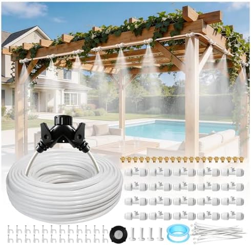 Riboud 110FT Mister for Outside Patio Misting Cooling System with 20 Brass Mist Nozzles+Water Filter+Y Connector, Leak-Resistant Misters for Backyard, Garden, Pool, Deck, Greenhouse - White by Riboud
