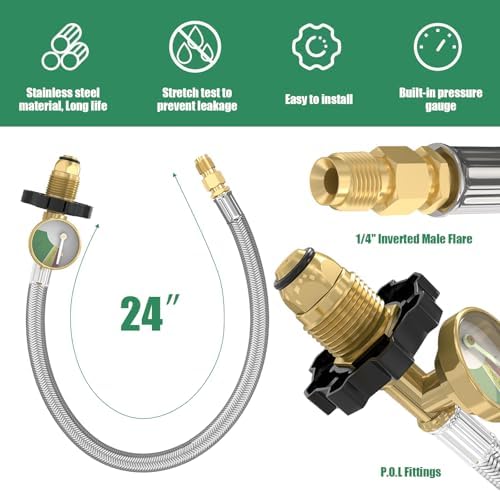 2 Packs RV Propane Pigtail Hoses, 24 Inch Stainless Steel Braided Camper Tank Hose with Gauge,Rv lp Gas Hoses Connector for Standard Two-Stage Regulator, 5-100lb,1/4" inverted male flare/POL Fitting - Image 3
