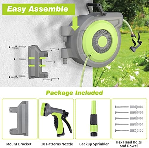 5/8" x 85 ft Retractable Garden Hose Reel, Wall Mount Retractable Water Hose with 10 Pattern Hose Nozzle, Any Length Lock/180° Swivel Automatic Hose Reels for Outside Garden Watering - Image 6