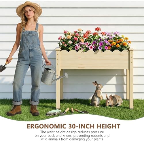 Raised Garden Bed with Legs, 34x18x30in Tall Wooden Elevated Planter Box with Liner for Flowers Vegetables Herbs, Wavy Profile Outdoor Raised Bed for Balcony/Patio/Backyard - Image 6