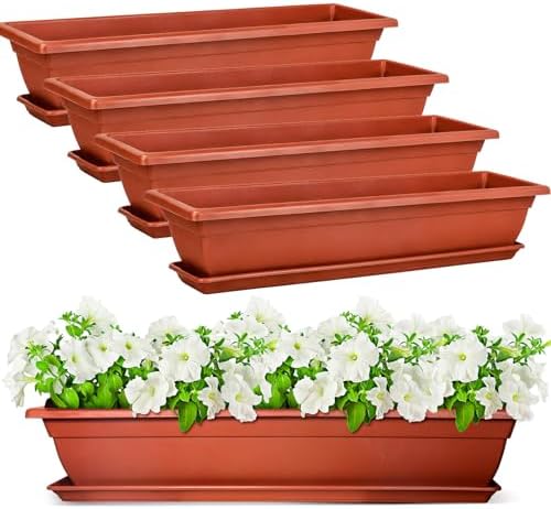 4 Pcs 31 inch Window Box Planter, Large Rectangular Plastic Flower Pot with Tray, Suitable for Indoor & Outdoor Gardens, Balcony and Home Decor (4) by Tcevily