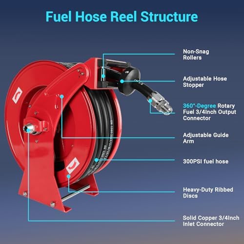 Fuel Hose Reel, 3/4" x 50FT Retractable Diesel Hose Reel, 300 PSI Industrial Heavy Duty Auto Swivel Rewind Hose Holder Reels, for Vehicle Tank Truck Trailer Ship - Image 4