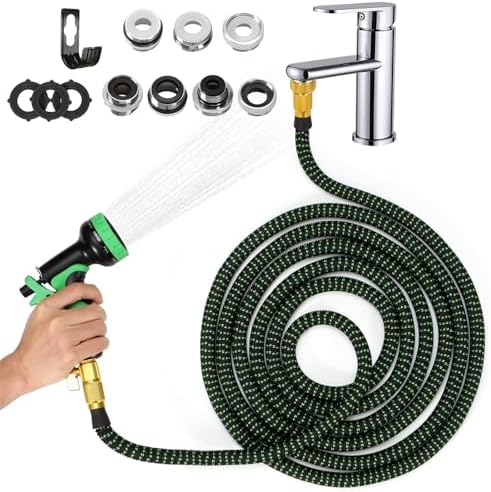 Indoor Sink Hose Attachment for Faucet - (50 FT) Faucet Hose with 7 Adapters for Kitchen Sink Bathroom Sink Faucet, Watering Houseplants, Washing Pets Car Household Cleaning 10-Function Nozzle by Amcortn