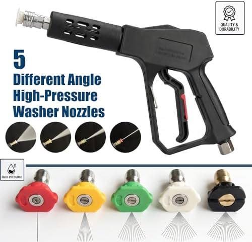 Swivel Pressure Washer Gun,Sturdy 5000PSI Short Power Washer Wand Carwash Spray Foam Gun Handle with 3/8 Plug & M22-14mm & M22-15mm and 1/4 Adapter 5 nozzles - Image 5