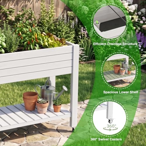 Elevated Resin Raised Garden Bed, 33.7in Height Raised Planter Box with Drainage Holes, Lockable Rotating Wheels & Bottom Storage Shelf, Stake Support, Easy Assembly for Patio Lawn Backyard Balcony - Image 5