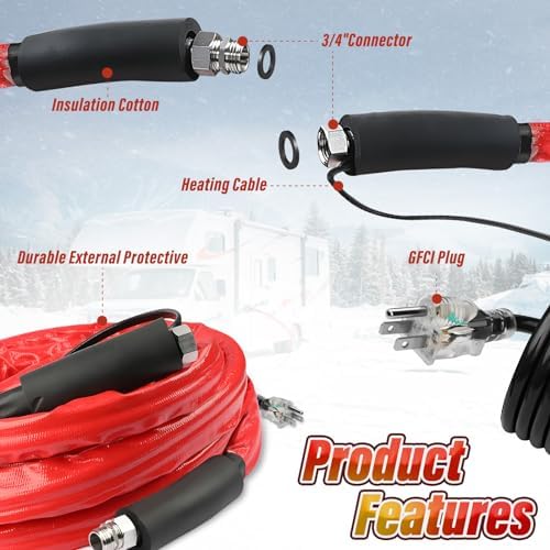 Upgrade 13FT，26FT，50FT RV Heated Drinking Water Hose | Water Line Freeze Protection -45°C（-49°F）Heat Garden Hoses, Water Hose for Winter Includes Adapter for Connection to Either End of Hose - Image 5