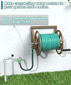 Artigarden Garden Hose Reel Wall Mounted, Outdoor Heavy Duty Powder Coated Metal Water Hoses Holder Winder Holds 125 ft 5/8" Hoses with 3.9ft Leader Hose, Stainless Steel Connector for Outside, Brown - Image 5